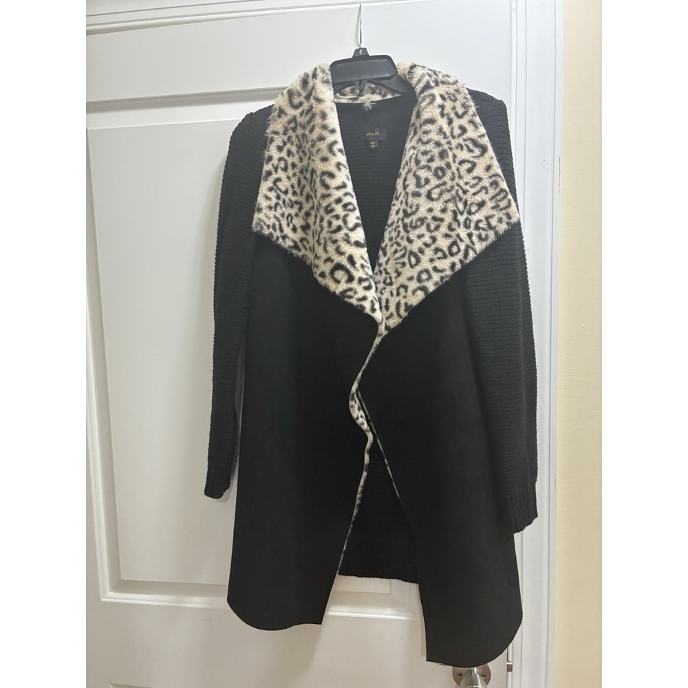 On Twelfth Leopard Faux Fur Collar Cardigan‎ Sweater Cozy Chic Womens M